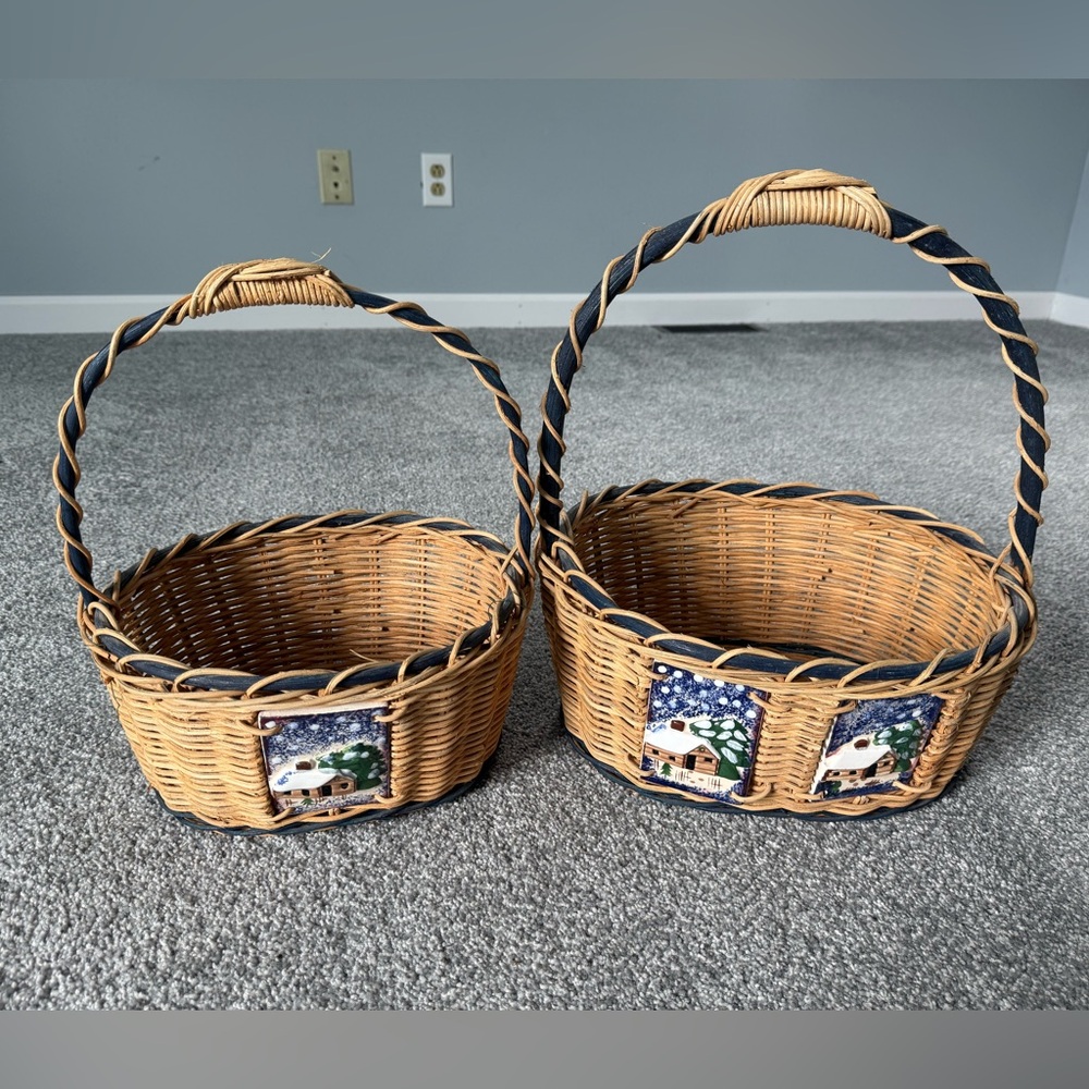 Woven Basket Set with Winter Scene Accents
